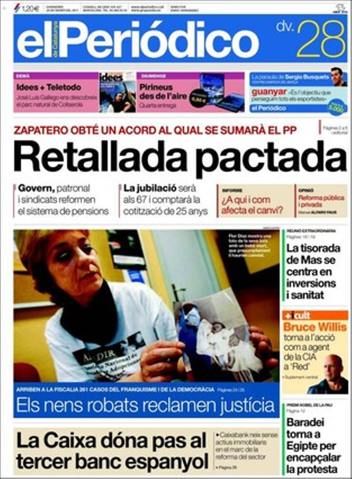 EL PERIÓDICO destaca a més a dins que alguns dirigents del PSC prefereixen l’adéu d’Hereu al duel fratricida, que la Generalitat busca alternatives a Renfe per encarregar-se de Rodalies, que l’Executiu català corregeix Habitatge i no recolza que la devolució del pis liquidi la hipoteca. També que l’Ajuntament de Barcelona dóna llicència d’obres a la Rotonda de Balmes i que retreu al conseller Felip Puig la reducció de places en la nova promoció de mossos; que el Banc Sabadell descarta comprar caixes durant la seva capitalització i que Abertis sedueix els francesos.