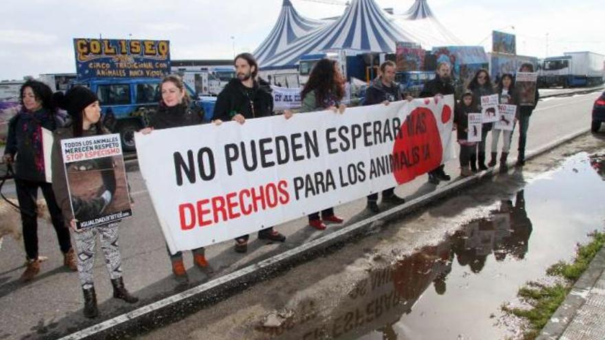 Los activistas, controlados por las fuerzas del orden, desplegaron sus pancartas ante el circo.  // J.L. Oubiña