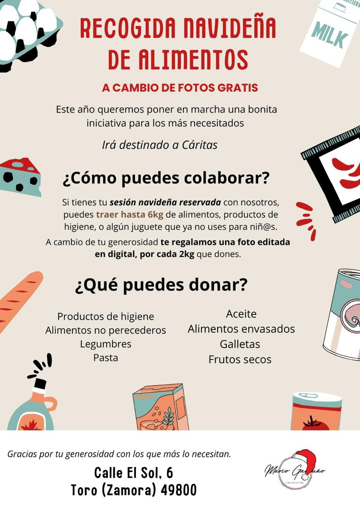 Cartel de la recogida solidaria de alimentos y otros productos para Cáritas a cambio de una fotografía.