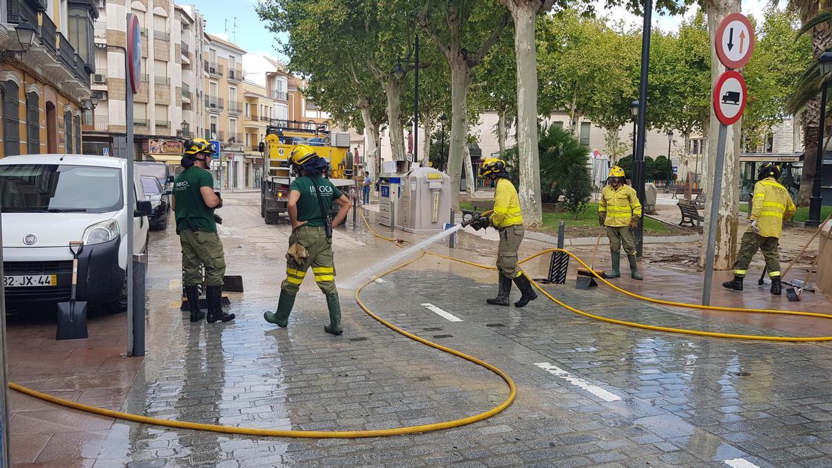 Trabajadores del Infoca limpian las calles de Lucena.