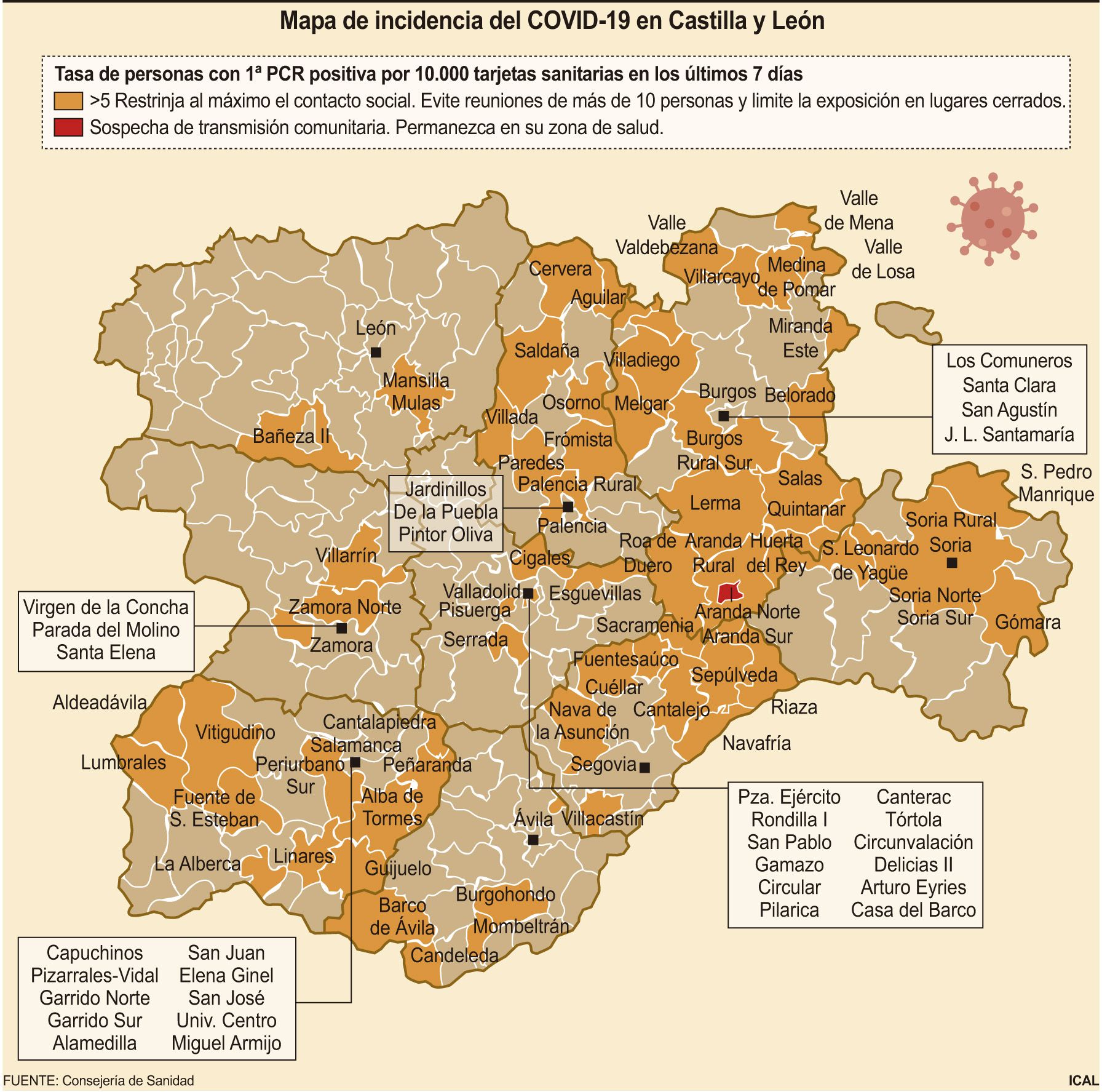 Mapa del riesgo por COVID en Castilla y León (18 de agosto)