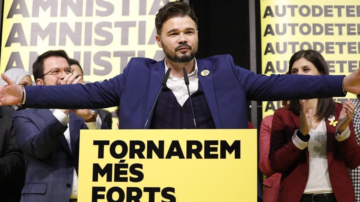 Gabriel Rufián y Pere Aragonès, en la noche electoral.