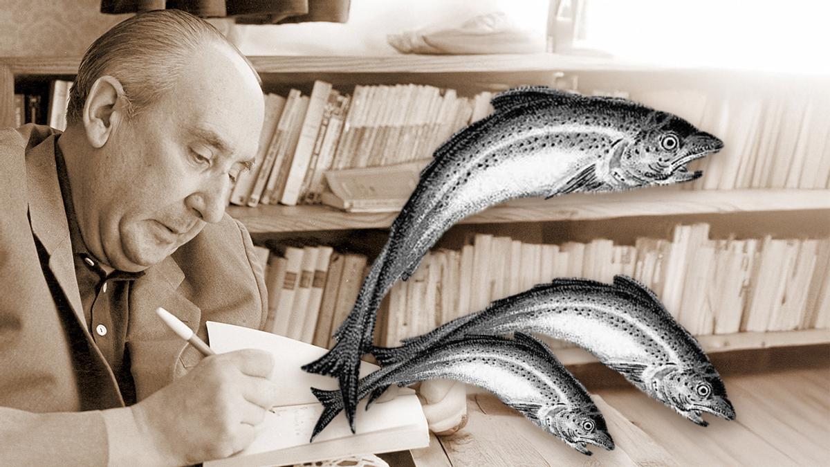 Montaje del escritor Álvaro Cunqueiro y unos bacalaos