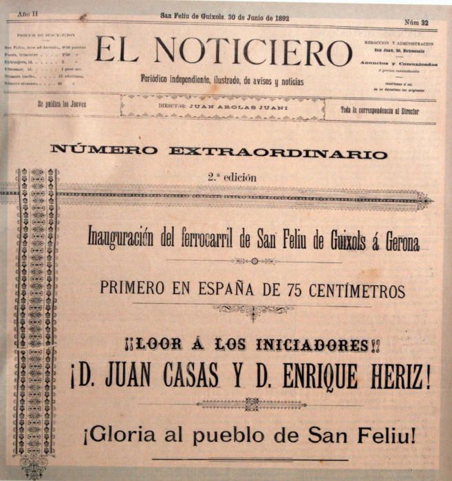 Portada del diari El Noticiero de Sant Feliu de Guíxols del 30 de juny de 1892, el dia de la inauguració del nou servei ferroviari