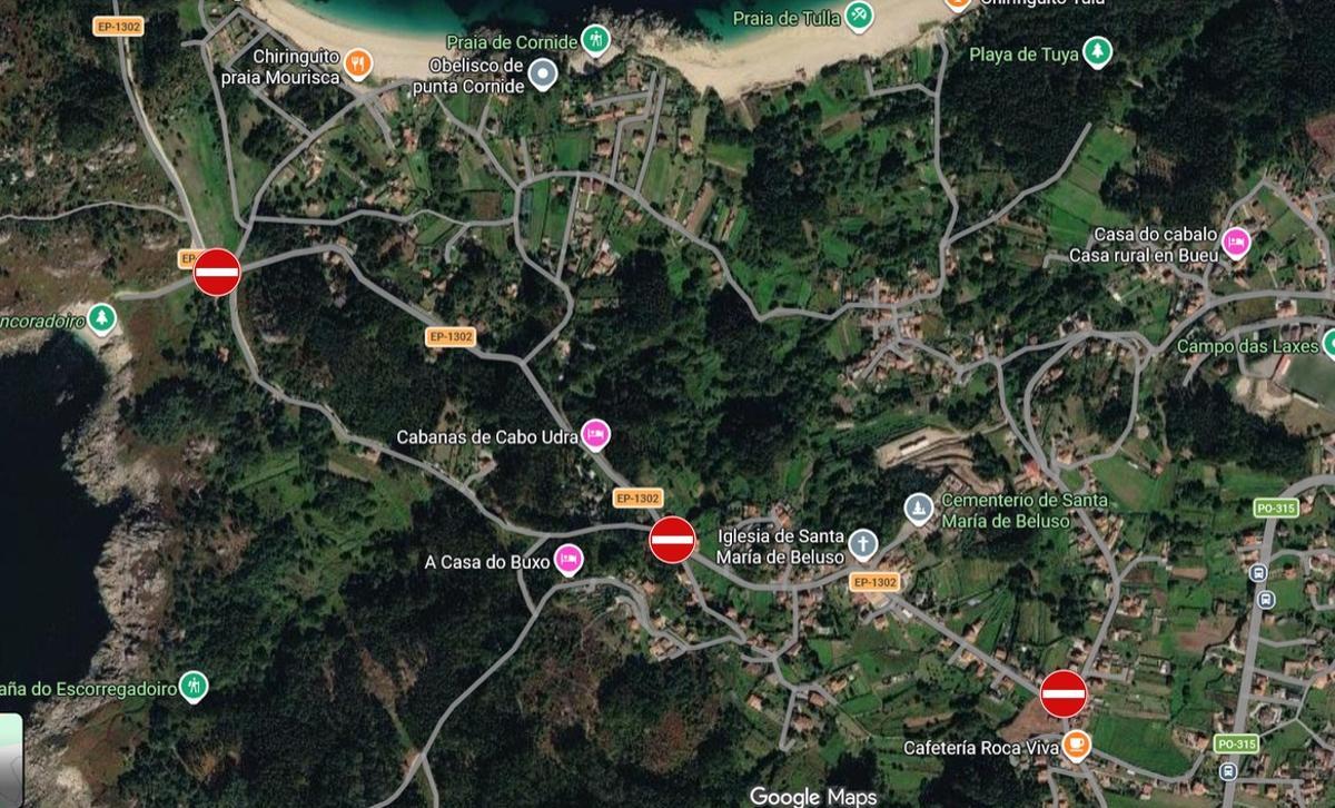 Mapa con las restricciones de tráfico previstas para este miércoles en el entorno de Cabo Udra, en Beluso.