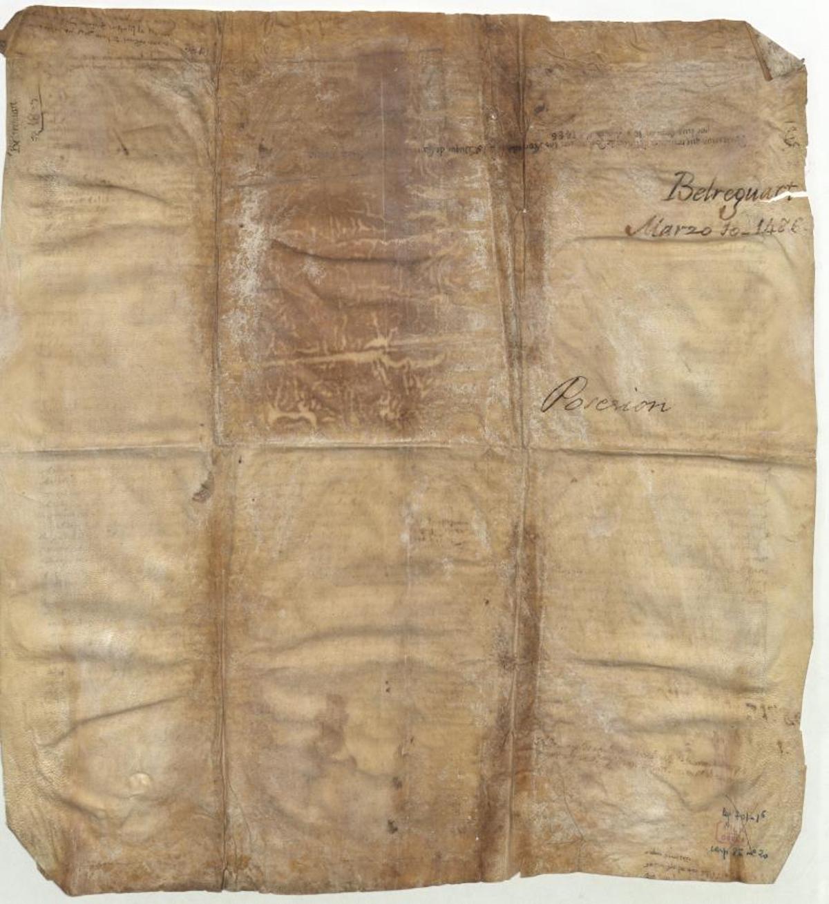Pressa de possessió del lloc de Bellreguard per part dels procuradors de Pere Lluís de Borja en nom d’aquest. 10 març de 1486 ( AHNOB, OSUNA,CP130,D.20)OSUNA CP 0130 D 0020 001