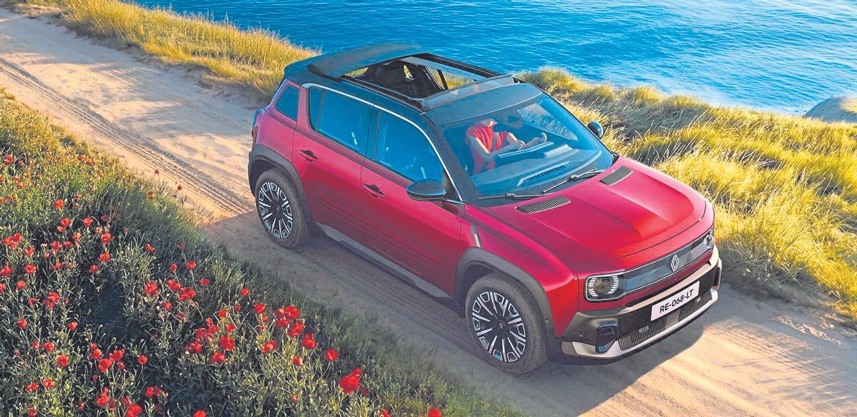 El nuevo Renault 4 de color rojo en un entorno rural.