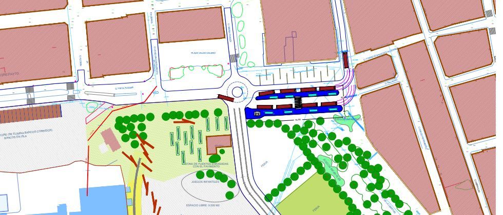 Plano del intercambiador, en el que aparecen los cambios en el acceso a la nueva zona ocio del puerto, con una rotonda junto a la Plaza de Waldo Calero, la calle María Parodi y la plaza de Castelar y el espacio del intercambiador frente a la actual zona peatonal de la plaza Capdepont