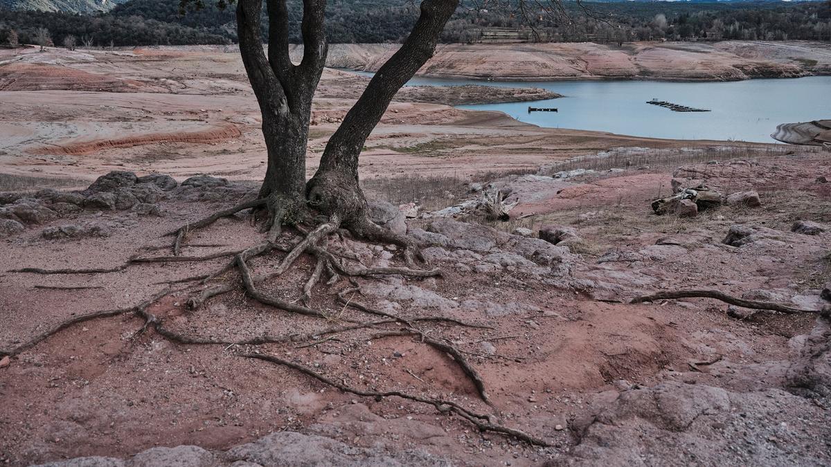 Vilanova de Sau (Osona, Barcelona), 28/02/2023. La Agència Catalana de l'Aigua (ACA) ha decretado nuevas medidas de excepcionalidad a raíz de la grave sequía con los embalses bajo mínimos, com el Pantà de Sau. FOTO de ORIOL CLAVERA