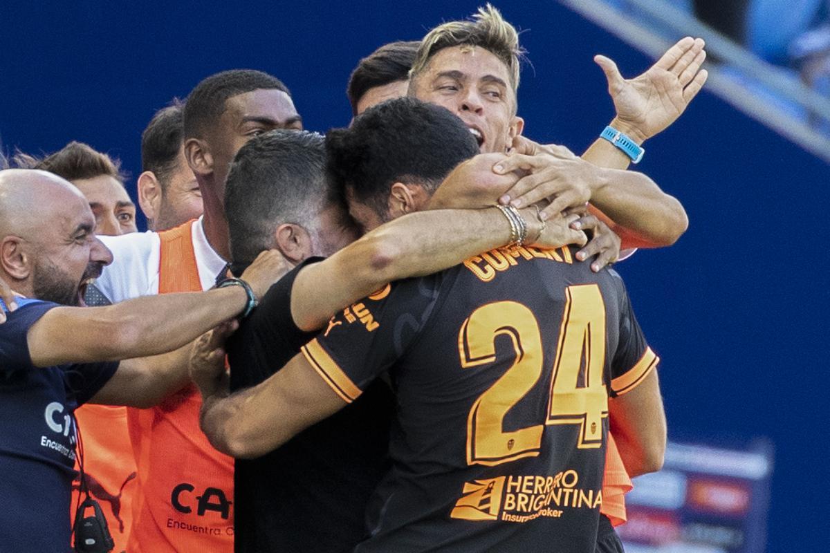 Valencia CF’s Eray Comert celebrates after scoring against RCD Espanyol, during their LaLiga Santander league game at RCDE Stadium in Cornella de Llobregat, Barcelona, Spain, 02 October 2022. EFE/ Marta Perez