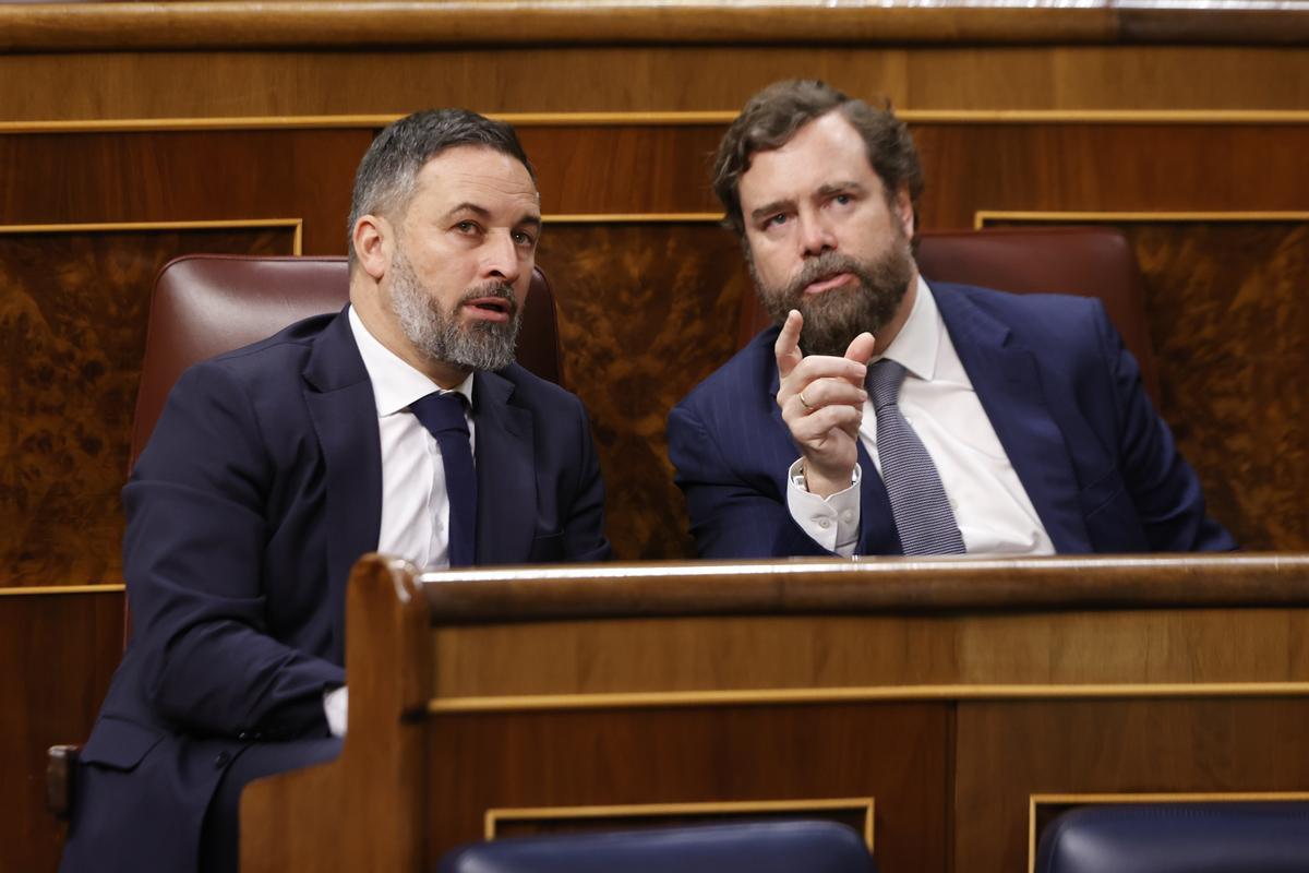 El presidente de Vox, Santiago Abascal, y su portavoz parlamentario, Iván Espinosa de los Monteros.
