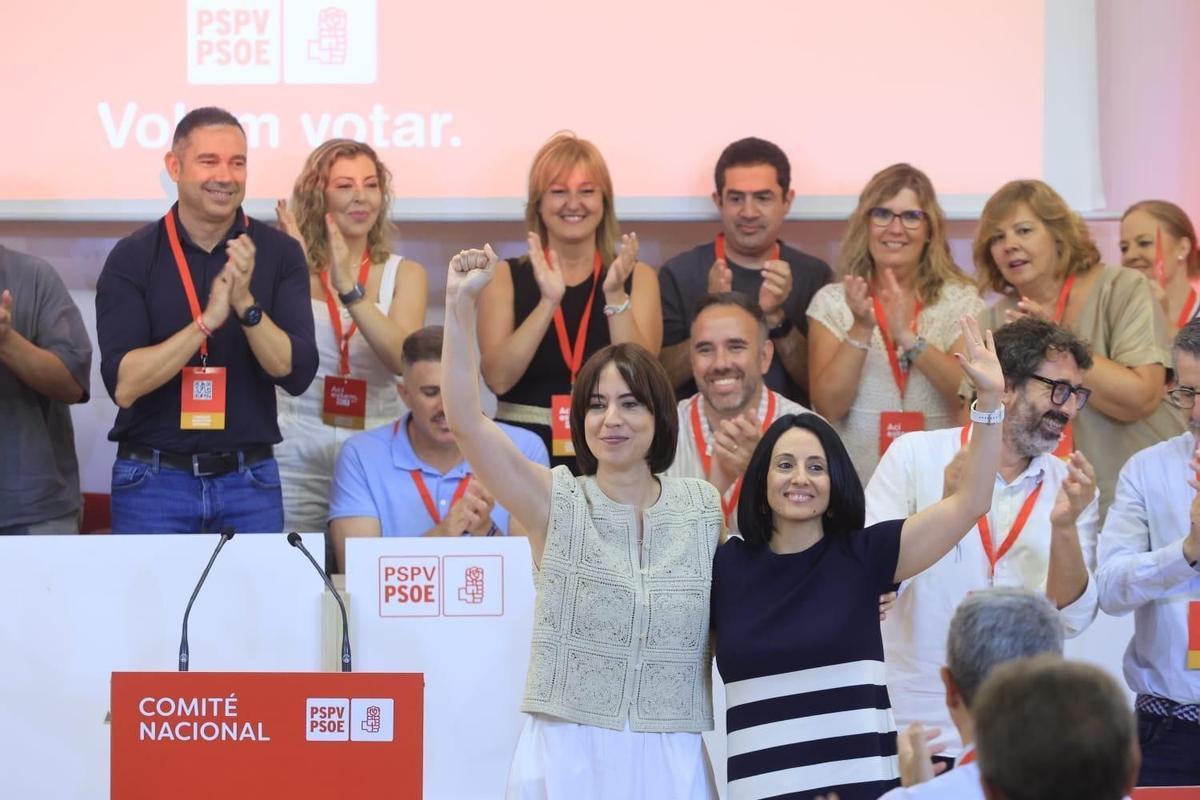 Diana Morant y Rebeca Torró, en el Comité Nacional del PSPV celebrado en la sede de UGT-PV.