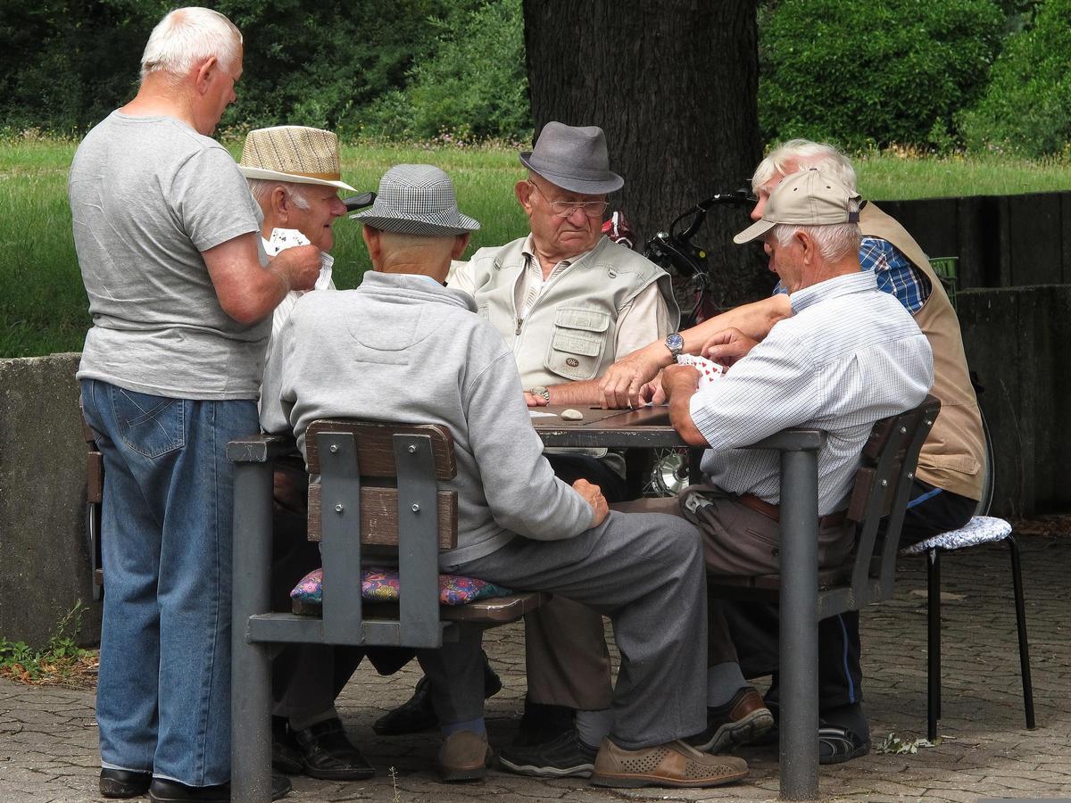 Varios jubilados juegan a las cartas en un parque