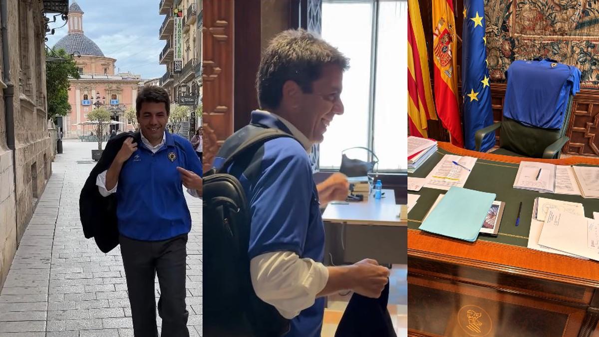 El presidente de la Generalitat Valenciana, Carlos Mazón, que no pudo asistir ayer al partido, ha llegado hoy al Palau de la Generalitat con una camiseta del Hércules CF