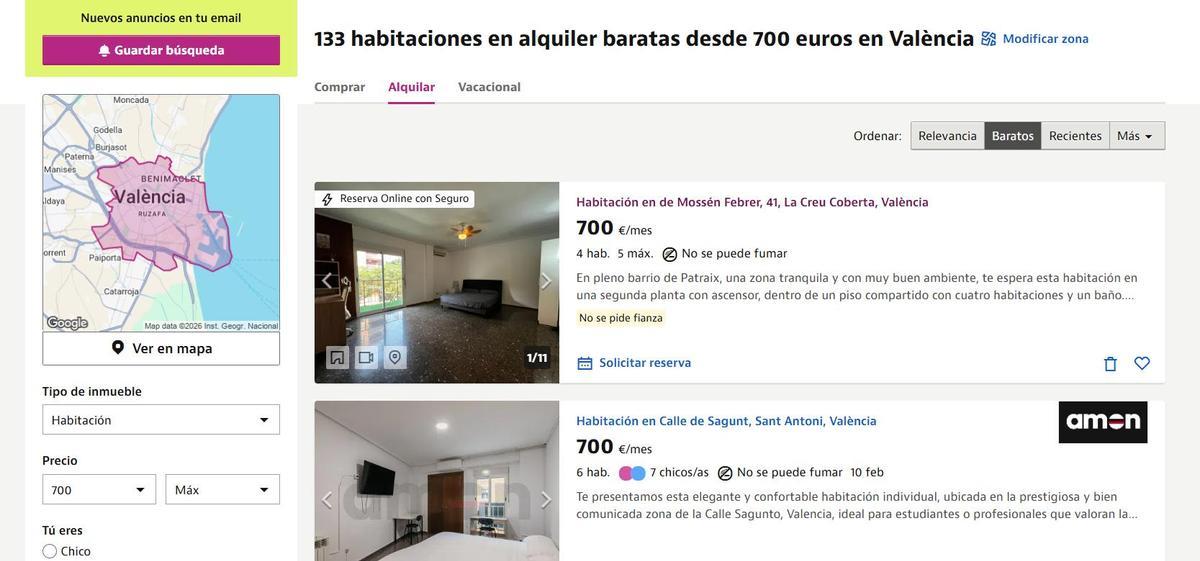 En València hay 133 habitaciones desde 700 euros al mes.