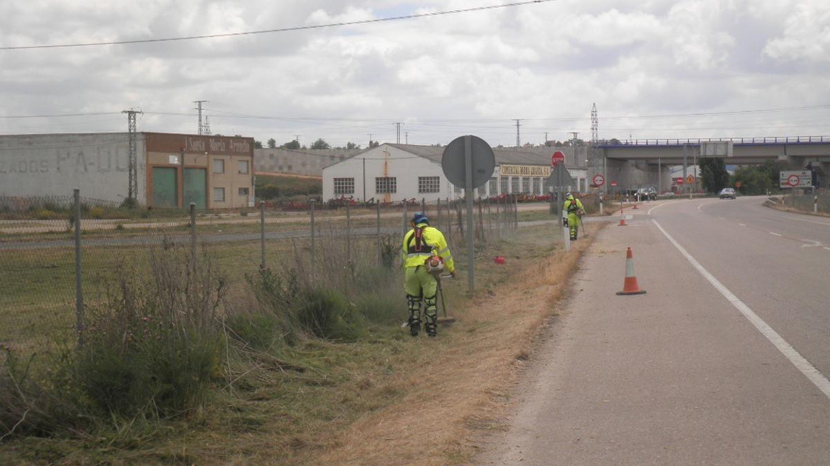 Varios operarios realizan obras de conservación en una carretera.