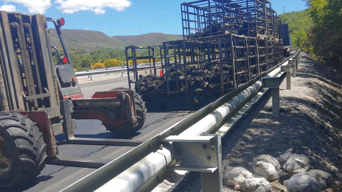 Aspecto del camión tras el accidente de la A-52 en Lubián.