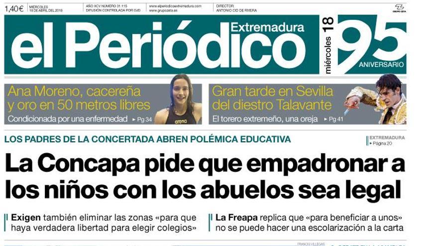 Esta es la portada de EL PERIÓDICO EXTREMADURA correspondiente al día 18 de abril del 2018