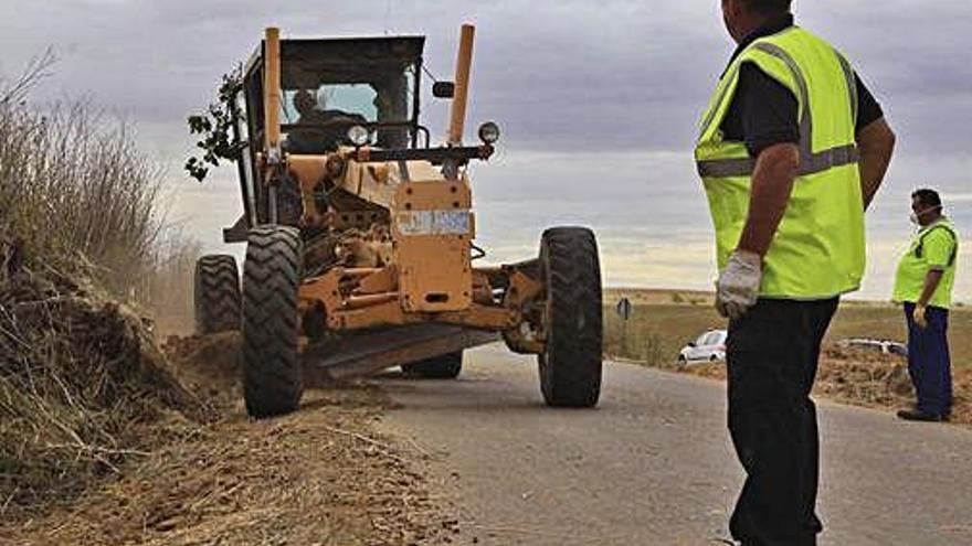 Trabajos de desbroce y reperfilado en una carretera de Villanueva del Campo.