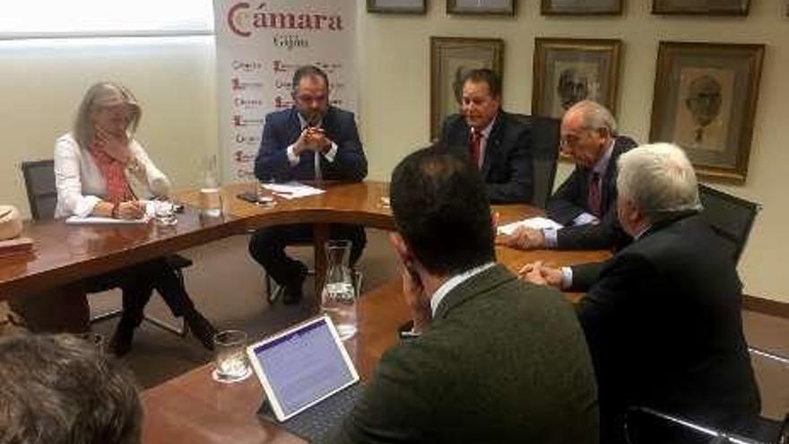 Cristina Coto, a la izquierda, durante la reunión de ayer con representantes de las Cámaras de Asturias.