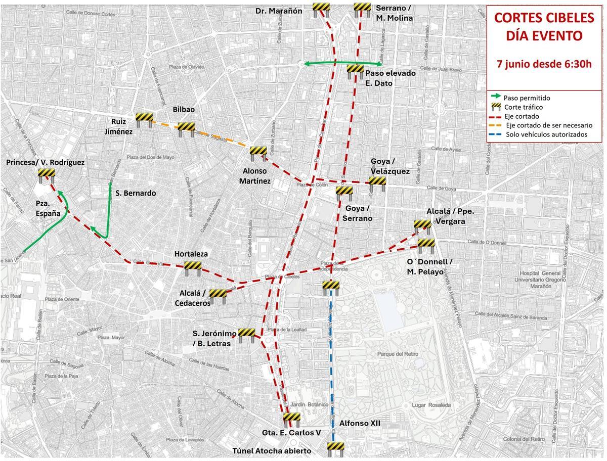 Plano de los cortes de tráfico en la zona de la plaza de Cibeles el 7 de junio.