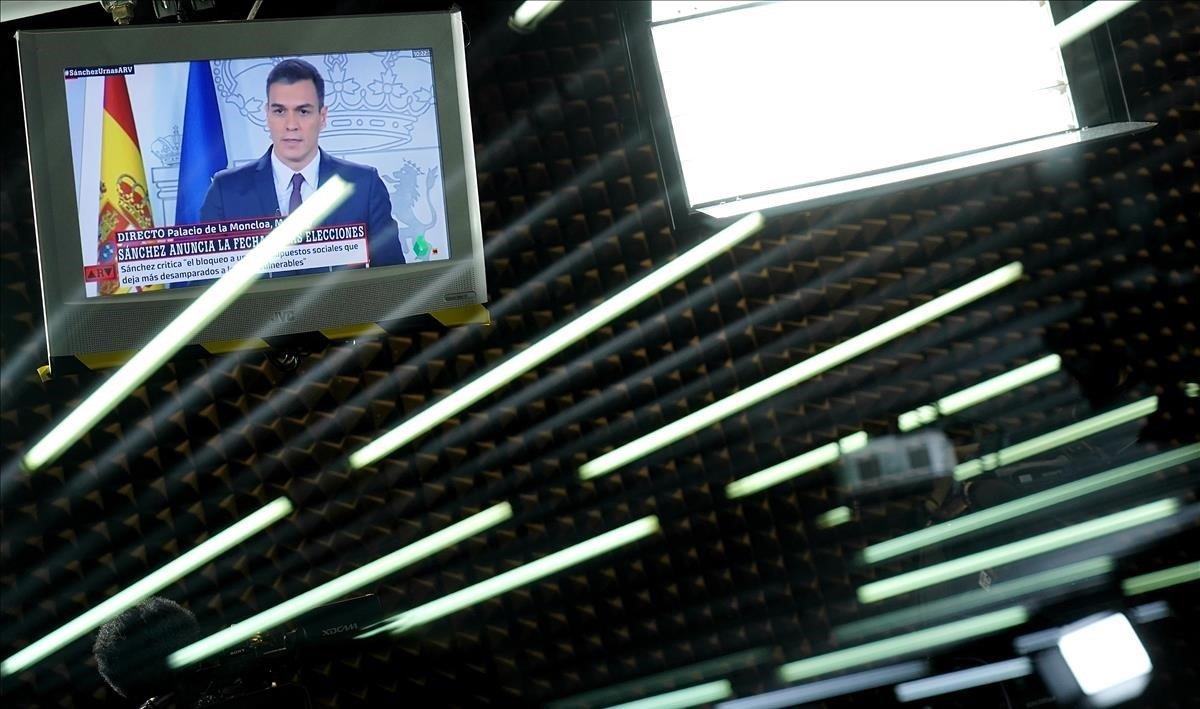 El Presidente del Gobierno  Pedro Sánchez  durante la Declaración Institucional que ha realizado hoy, donde anuncia la fecha de las elecciones generales.