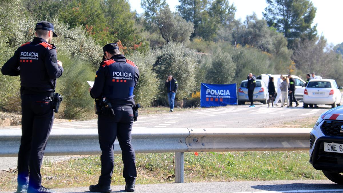 Dos agents custodien la zona on han trobat una noia morta a Móra la Nova a l'N-420.: