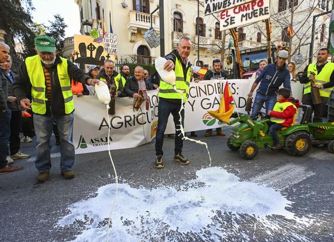 Los agricultores llevan sus protestas al centro de Granada con un corte en la Gran Vía.