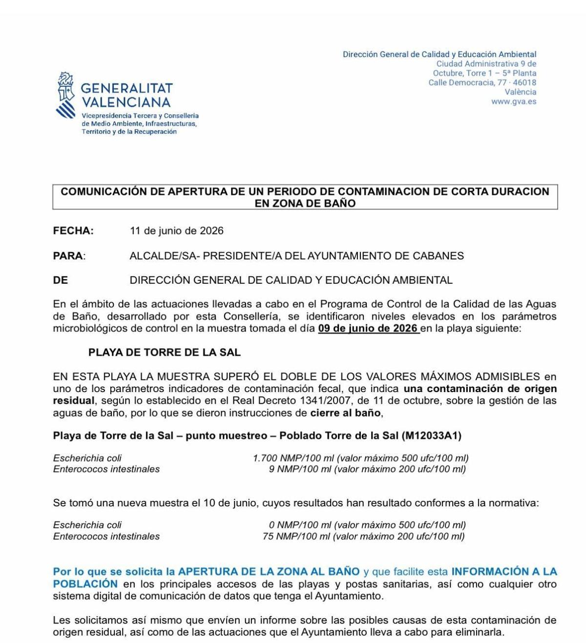 Comunicación de apertura de la zona de baño de la playa enviada desde la Conselleria.
