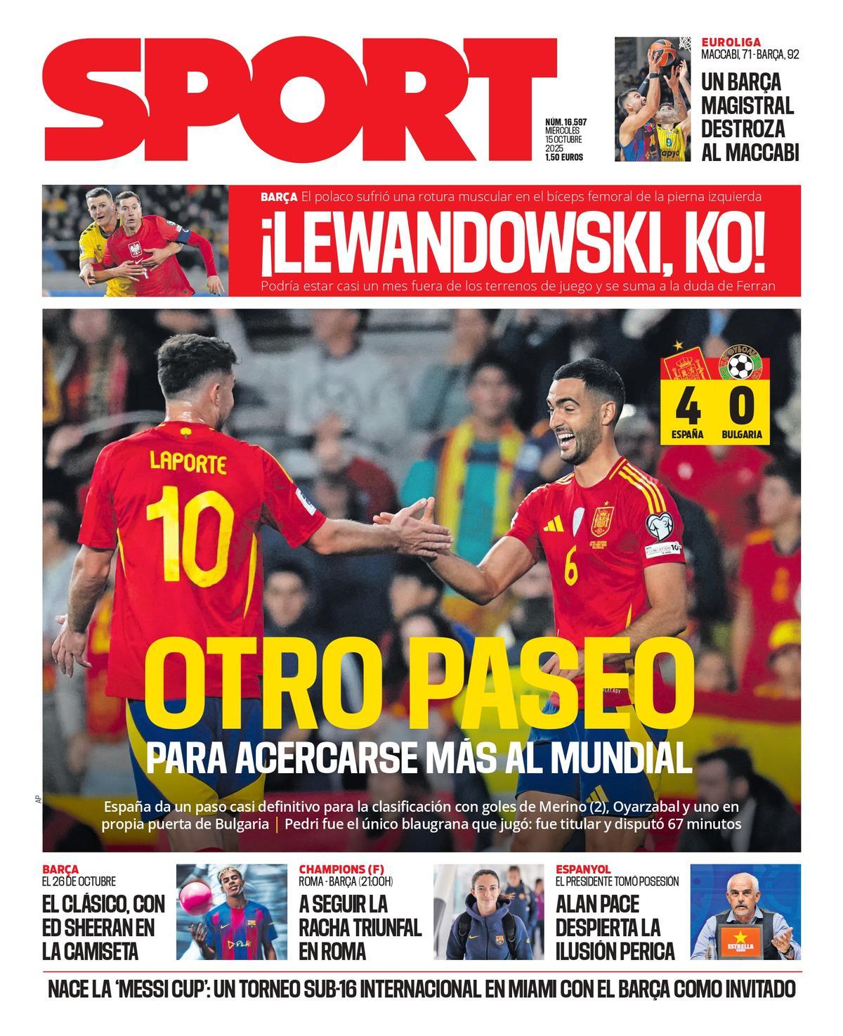 Esta es la portada de SPORT de hoy miércoles, 15 de octubre de 2025