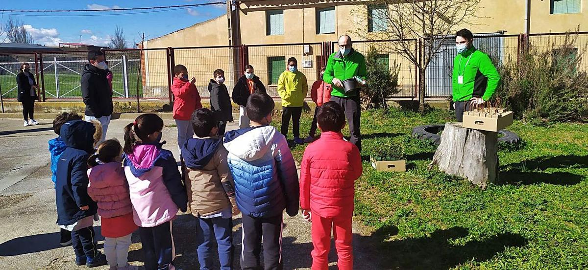 Trabajadores de la firma enseñan cómo cuidar los árboles y posan con alumnos y docentes del colegio. | Cedidas
