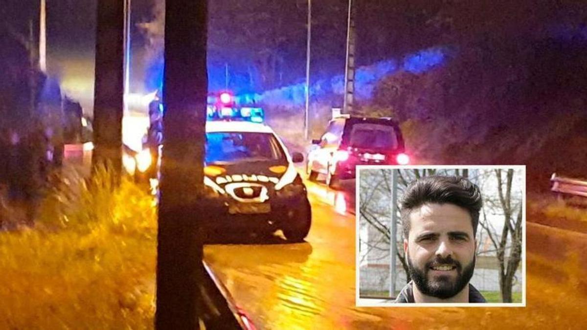 La funeraria y la Policía Nacional, junto a la zona donde fue arrollado por un tren Pelayo Novo en La Corredoria. En el recuadro, Pelayo Novo.