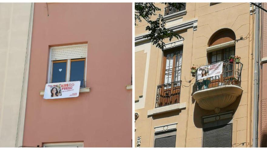 Las pancartas socialistas ya cuelgan de los balcones en distintos puntos de la ciudad .