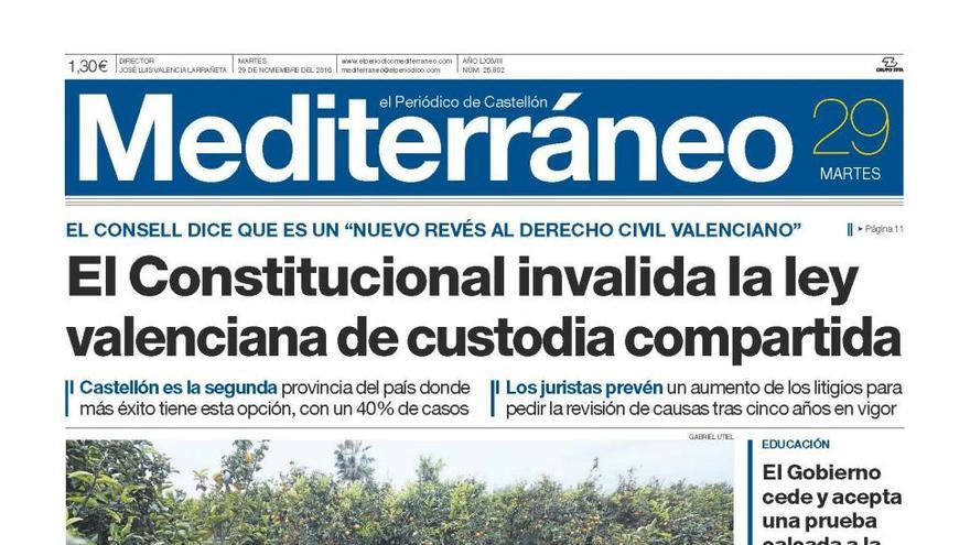 El Constitucional invalida la ley valenciana de custodia compartida, en la portada de Mediterráneo