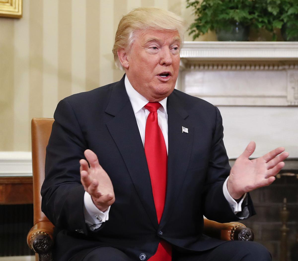 FILE - In this Nov. 10, 2016 file photo, President-elect Donald Trump speaks during his meeting with President Barack Obama in the Oval Office of the White House in Washington. The military parade for Donald Trump has come early. Two months before Inauguration Day festivities, an extraordinary number of recently retired generals, including a few who clashed with President Barack Obamaâ¿¿s administration, are marching to the president-electâ¿¿s doorstep for job interviews. (AP Photo/Pablo Martinez Monsivais, File)