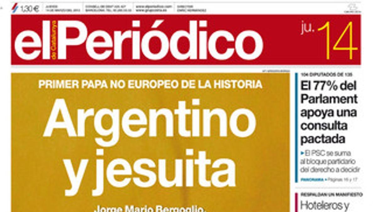 La portada de EL PERIÓDICO (14-3-2013).