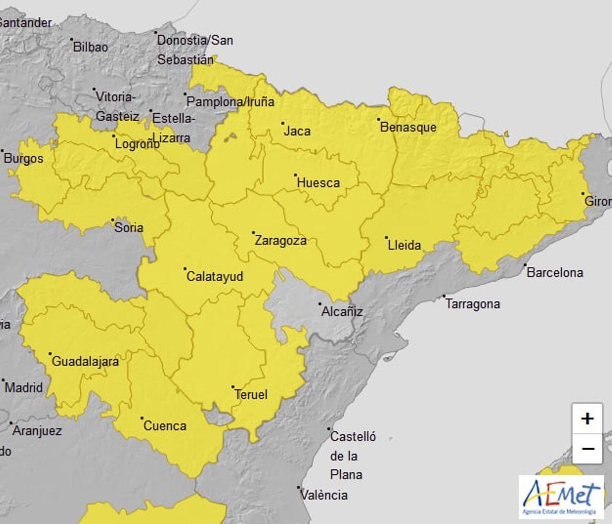 Mapa de avisos para este miércoles de la AEMET.