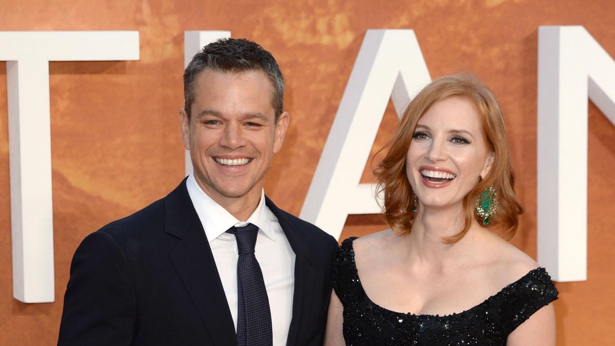 Jessica Chastain y Matt Damon en el estreno de la película 'Marte'