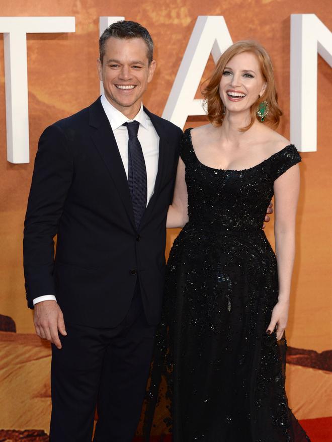 Jessica Chastain y Matt Damon en el estreno de la película 'Marte'