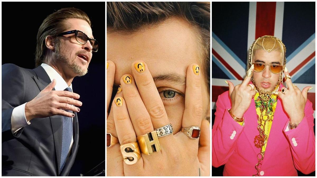 Brad Pitt, Harry Styles y Bad Bunny con las uñas pintadas en diferentes momentos de sus carreras.