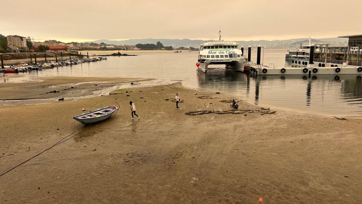 Mariscadoras en la playa de O Señal, a pocos metros de los barcos de pasaje, ayer a mediodía.