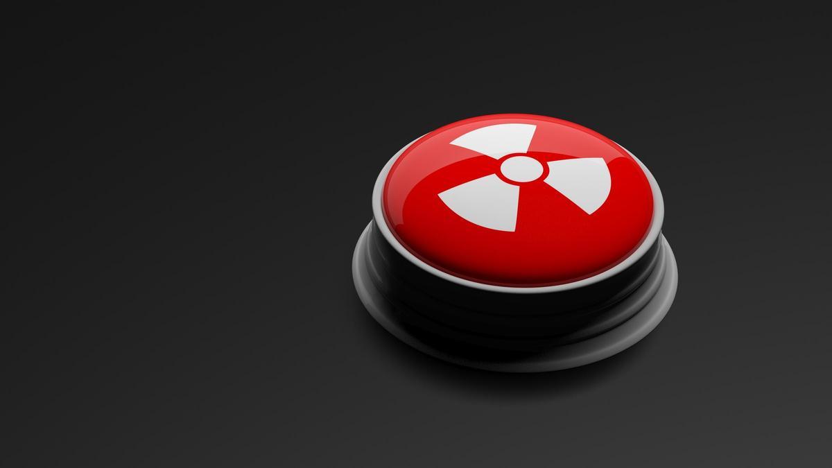 Nuclear button on black background, banner. 3d illustration