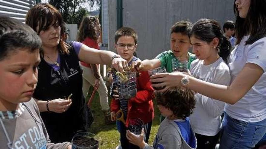 Niños del Pérez Viondi, a punto de plantar fresas.  // Bernabé / J. Lalín