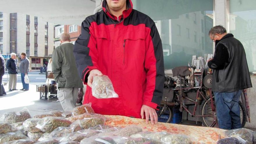 Erasmo Cortina, en el puesto de hierbas de su madre en el mercado de Pola de Siero, ayer.