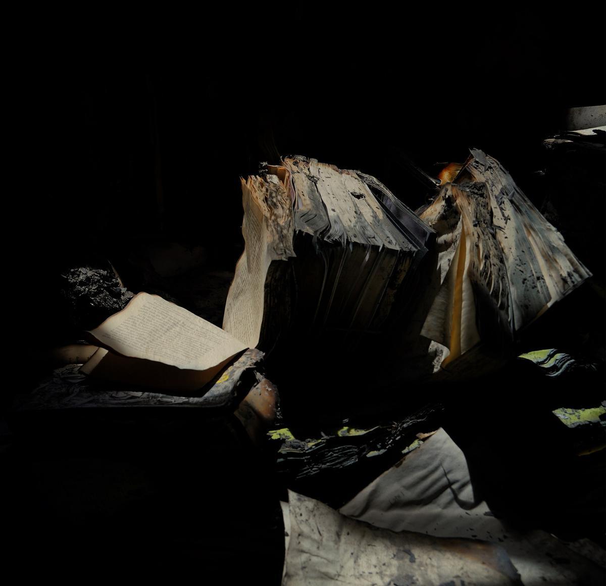 Fotografía con la que se abre ‘Proteo. Podemos seguir repartiendo sueños’, con libros destruidos por el fuego.
