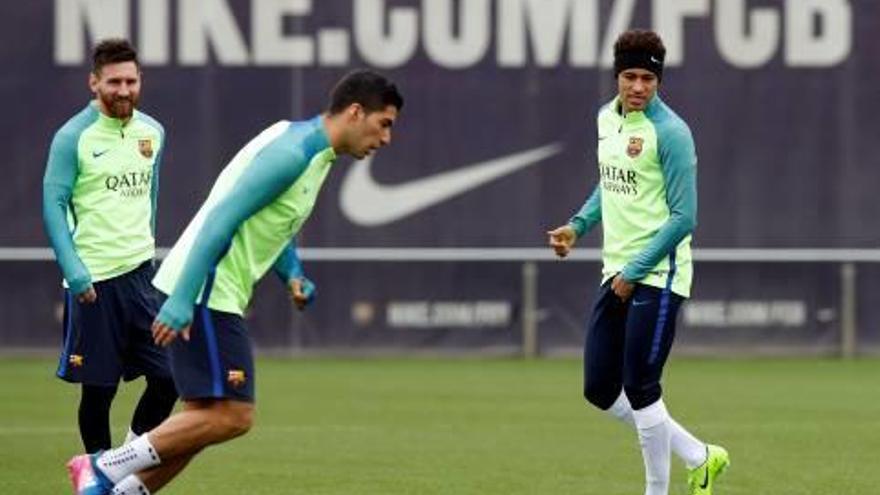 Messi, Suárez i Neymar, en l&#039;entrenament d&#039;ahir del Barça.