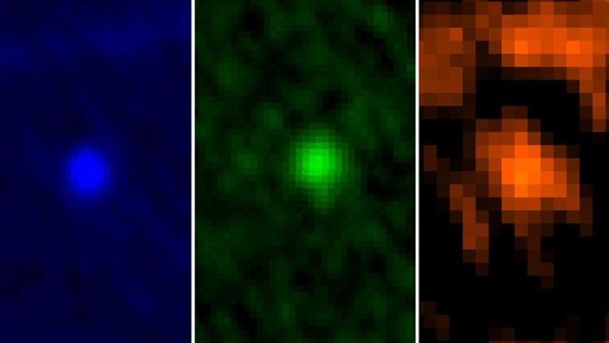 Tres imágenes de Apophis obtenidas por el Herschel con tres filtros diferentes.