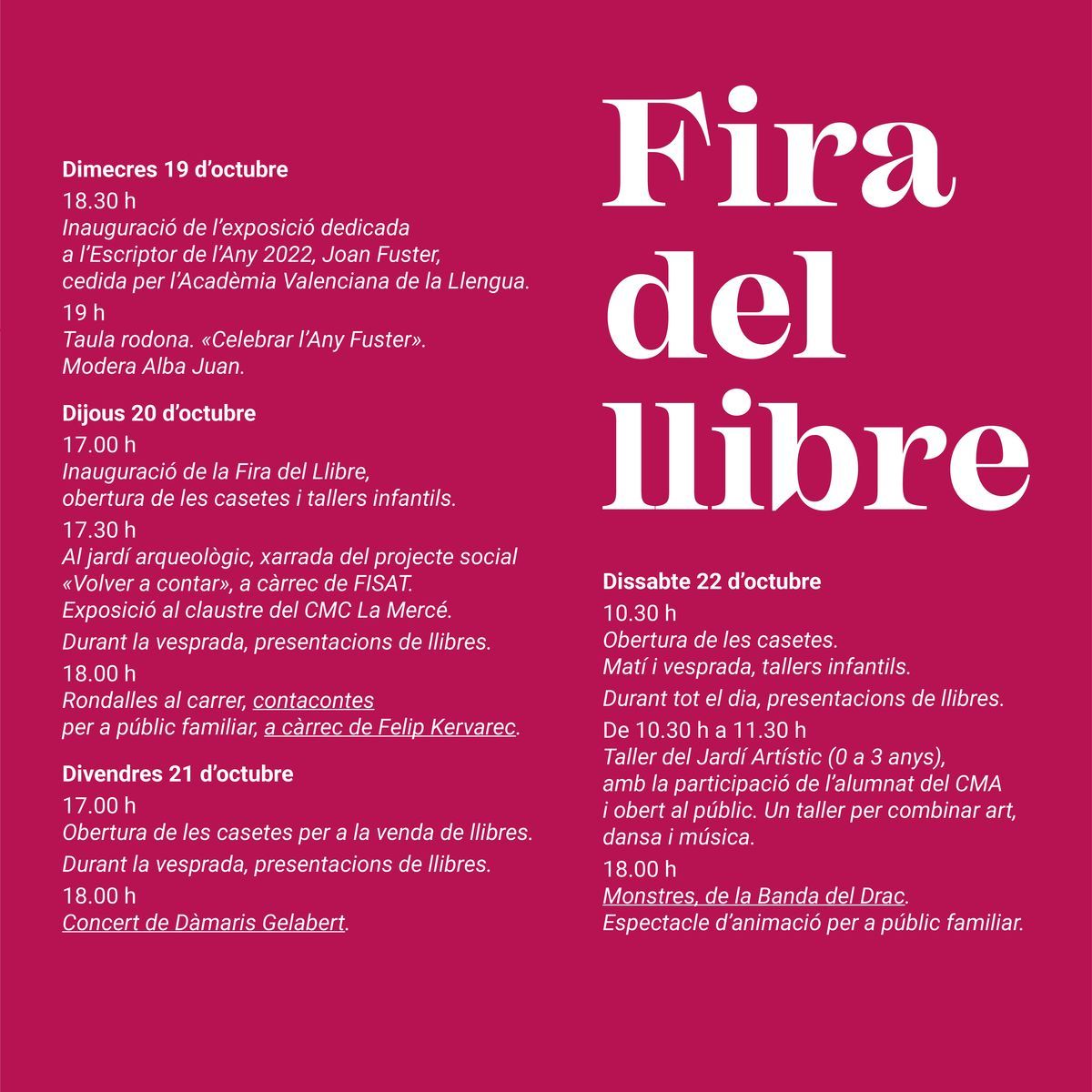 Del 19 al 22 de octubre se celebrará una nueva edición de la Feria del Libro de Burriana en el CMC la Mercè y sus alrededores.