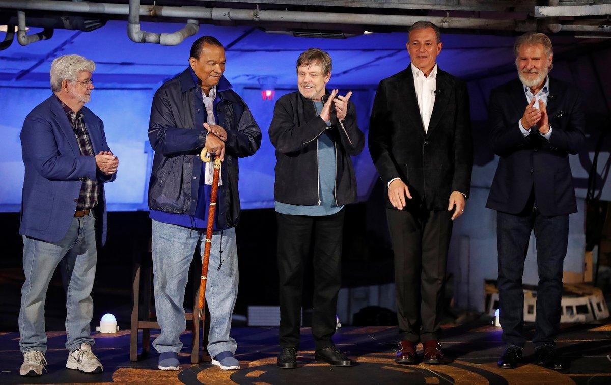 Actors Harrison Ford, Mark Hamill, Billy Dee Williams, filmmaker George Lucas and Walt Disney’s Chief Executive Officer Bob Iger at Star Wars: Galaxy’s Edge at Disneyland Park in Anaheim, California, U.S., May 29, 2019. REUTERS/Mario Anzuoni