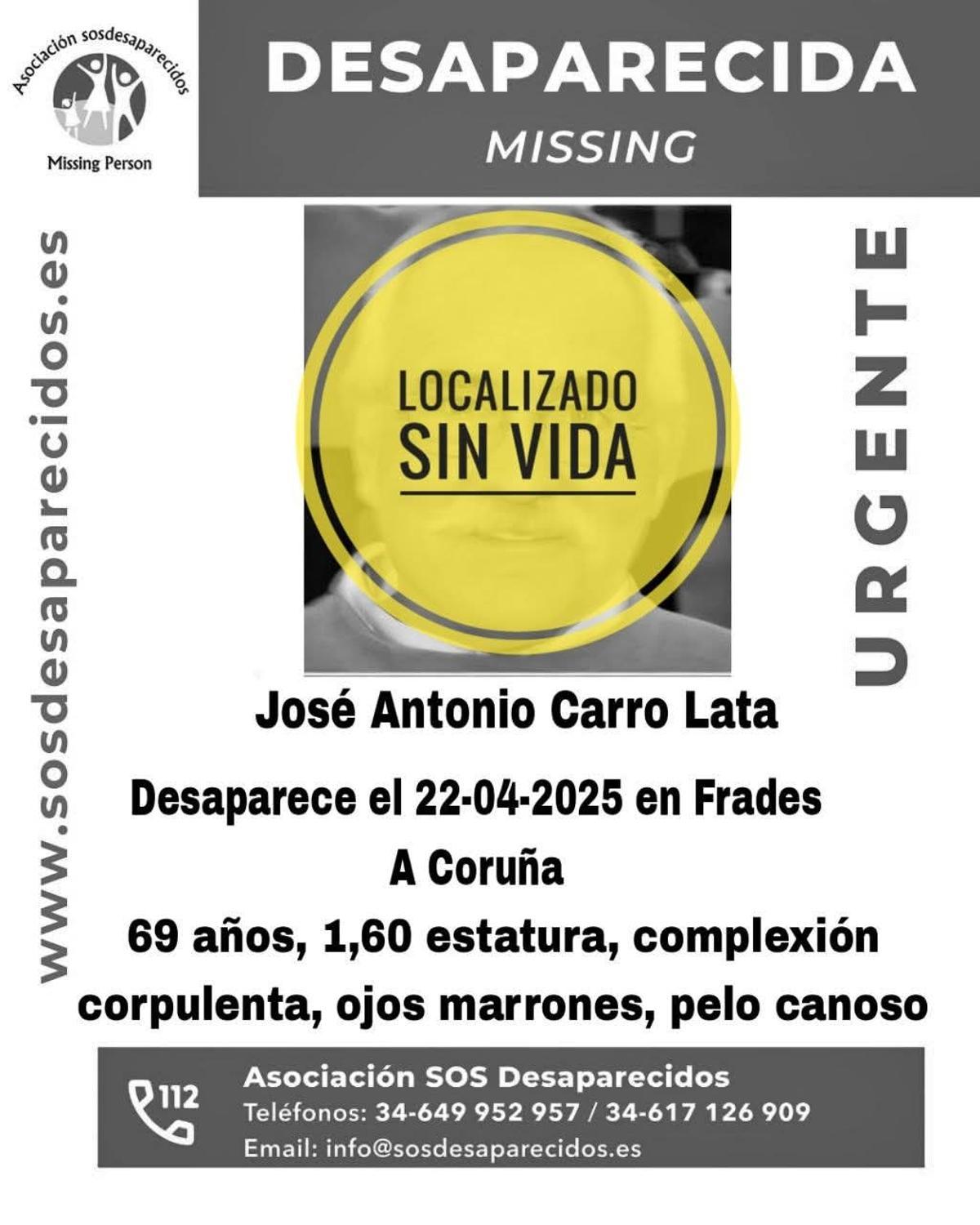 SOS Desaparecidos informa que ha sido localizado sin vida el vecino de Frades José Antonio Carro Lata.